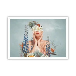 Poster - Ritratto di donna con motivo floreale su sfondo blu - 100x70cm - Donna - fiore - Decorazione murale moderna per soggiorno e camera da letto ARTTOR