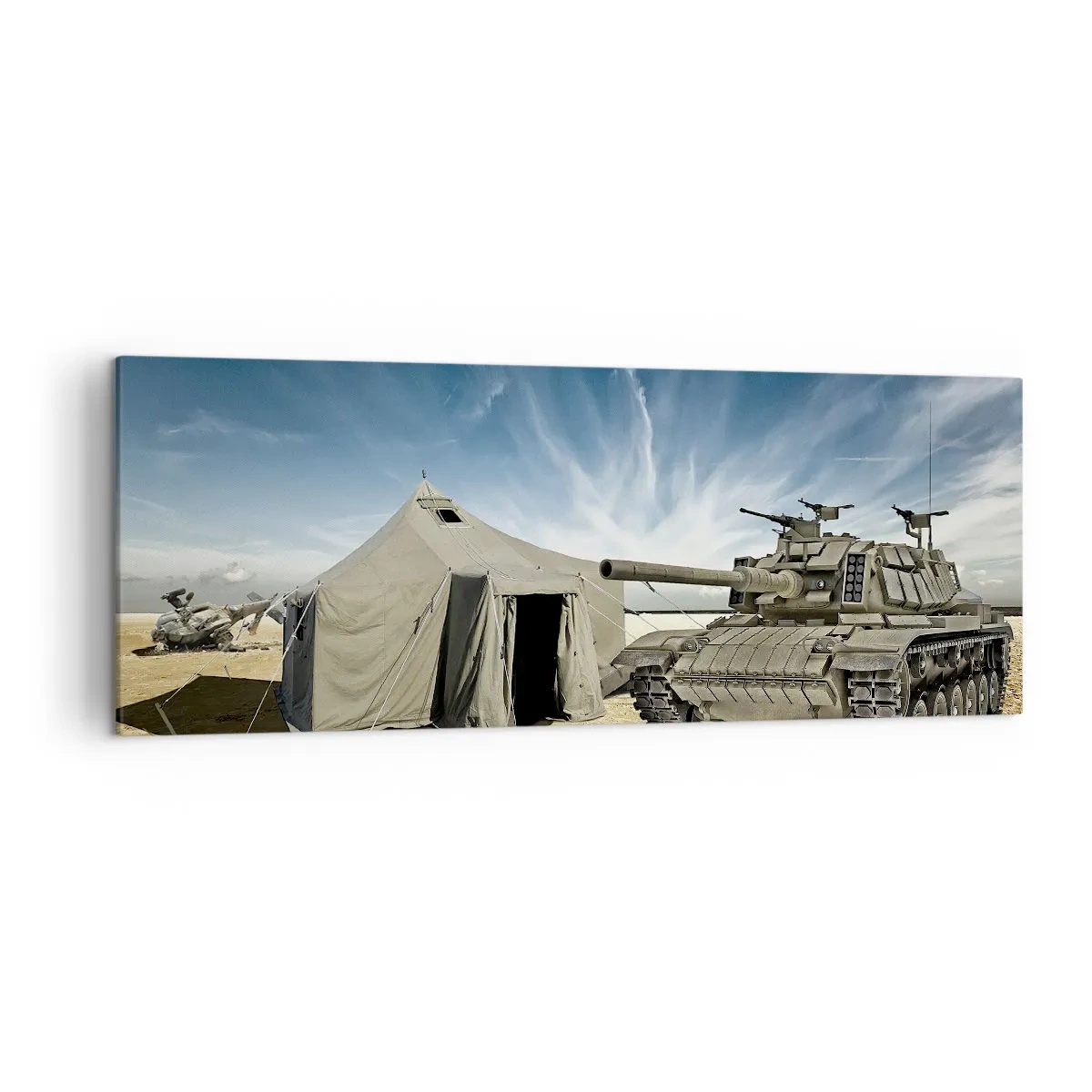 Quadro su tela - Stampe su Tela - Un carro armato accanto a una tenda militare in una zona desertica - 140x50cm - Sogno militare - Decorazione murale moderna per soggiorno e camera da letto ARTTOR