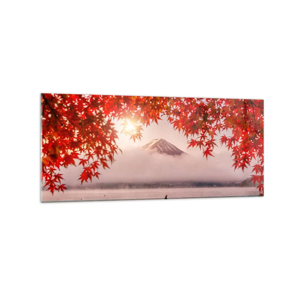 Quadro su vetro - Una barca su un lago circondata da foglie di acero rosso - 120x50cm - Nell'atmosfera del Giappone - Decorazione murale moderna per soggiorno e camera da letto ARTTOR
