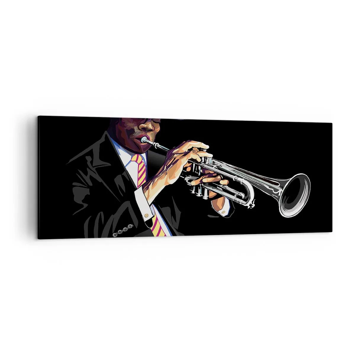 Quadro su tela - Stampe su Tela - Un musicista che suona la tromba su uno sfondo nero - 140x50cm - Il fascino della Old School - Decorazione murale moderna per soggiorno e camera da letto ARTTOR