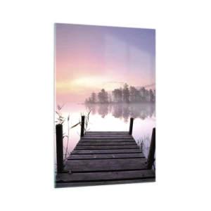 Quadro su vetro - Un molo sul lago all'alba con nebbia e un cielo pastello - 70x100cm - Nebbia color lilla - Decorazione murale moderna per soggiorno e camera da letto ARTTOR