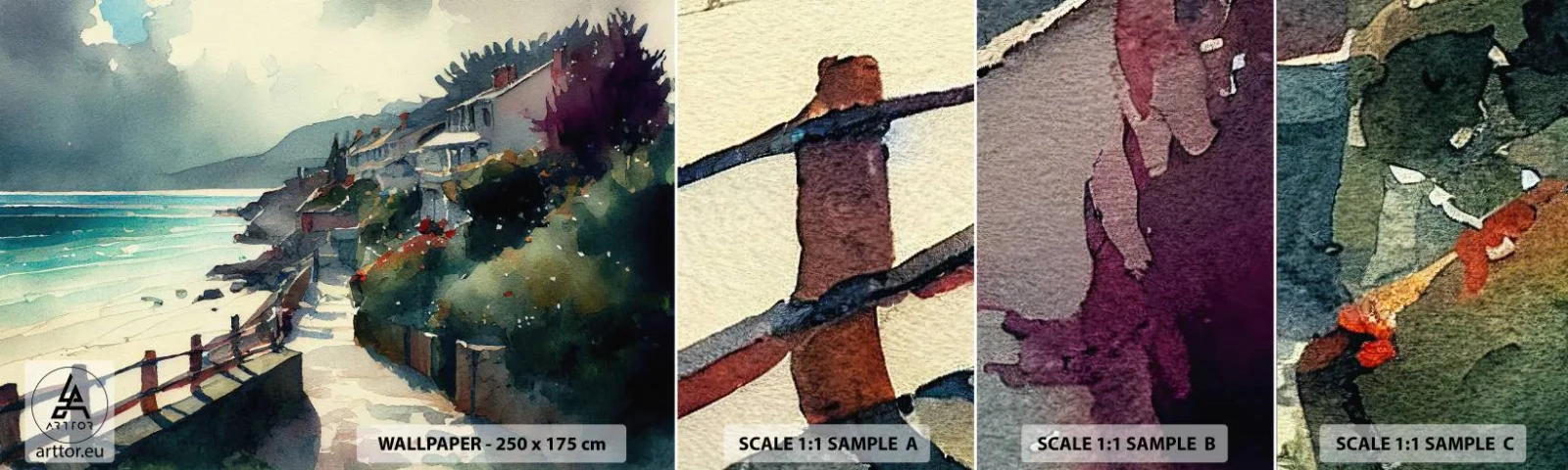 Campione Di Fotomurale Standard Eco - Cittadina mediterranea - Case, Paesaggio, Spiaggia - 100x30 cm