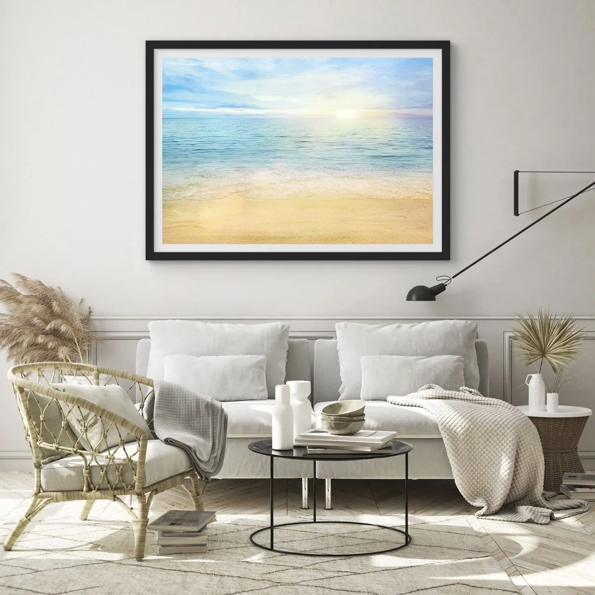 Poster in cornice nera - Una spiaggia con mare turchese e cielo limpido - 100x70cm - Il grande blu - Decorazione murale moderna per soggiorno e camera da letto ARTTOR