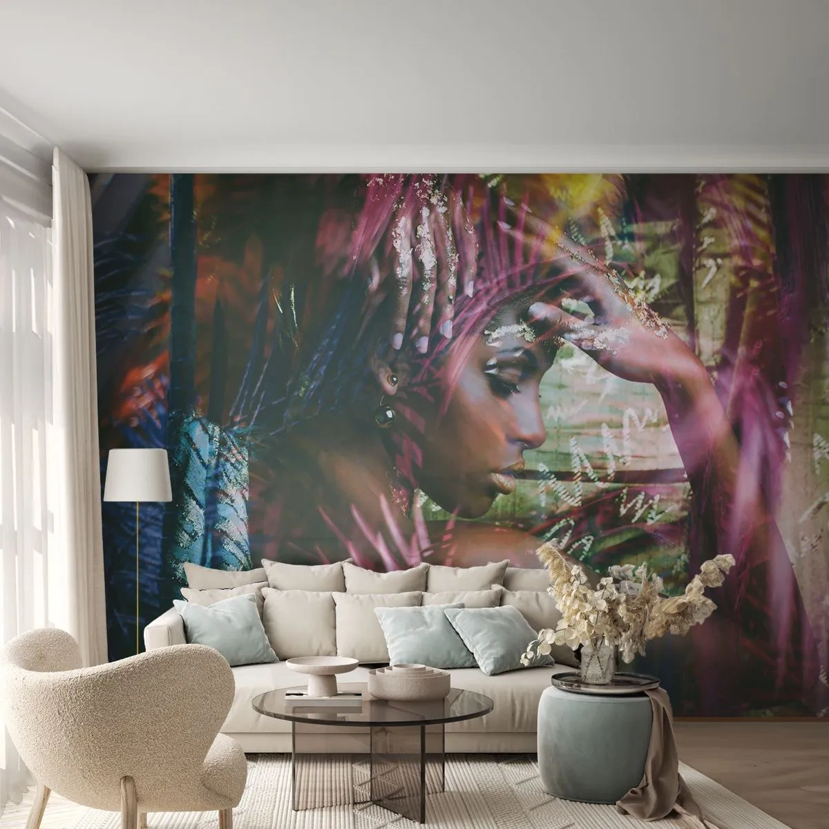 Fotomurali Premium Sand - Ritratto di una donna nella luce tropicale - 100x70cm - Madre Natura nella giungla - Decorazione murale moderna per soggiorno e camera da letto ARTTOR