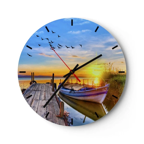 Orologio da parete - Orologio in Vetro - Una barca al molo sullo sfondo del tramonto - 30x30cm - A domani - Decorazione murale moderna per soggiorno, cucina e camera da letto ARTTOR