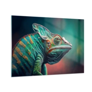 Quadro su vetro - Un camaleonte colorato su uno sfondo sfocato illuminato da una luce intensa. - 70x50cm - Mi vedi? Non va bene... - Decorazione murale moderna per soggiorno e camera da letto ARTTOR