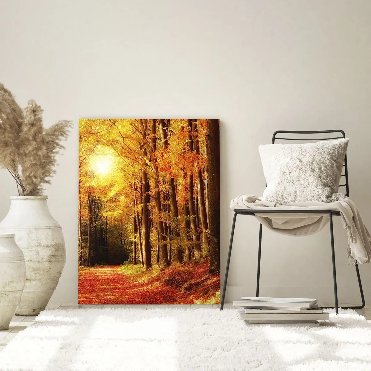 Quadro su vetro - Foresta autunnale con raggi di sole che brillano attraverso gli alberi - 70x100cm - Autunno dorato nella via nel bosco - Decorazione murale moderna per soggiorno e camera da letto ARTTOR