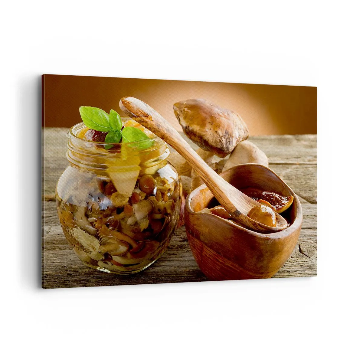 Quadro su tela - Stampe su Tela - Funghi naturali in un barattolo su un tavolo rustico - 120x80cm - Freschi, conservati, autunnali... - Decorazione murale moderna per soggiorno e camera da letto ARTTOR