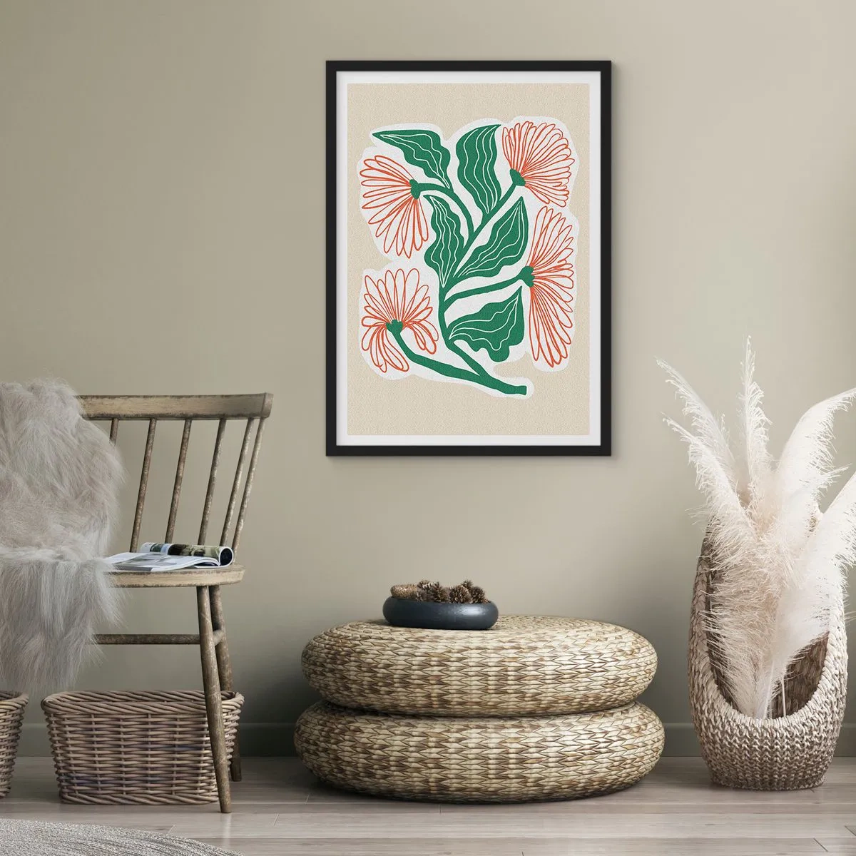 Poster in cornice nera - Motivo astratto di fiori e foglie su sfondo beige - 50x70cm - Folklore e modernità - Decorazione murale moderna per soggiorno e camera da letto ARTTOR