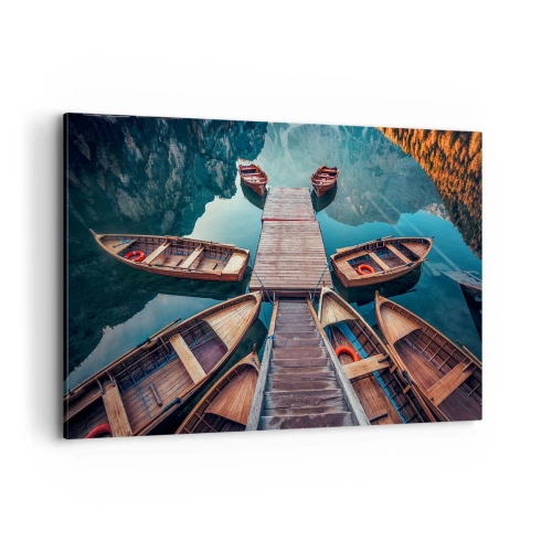 Quadro su tela - Stampe su Tela - Barche di legno su un molo su un lago di montagna - 120x80cm - Aspetto sul molo - Decorazione murale moderna per soggiorno e camera da letto ARTTOR