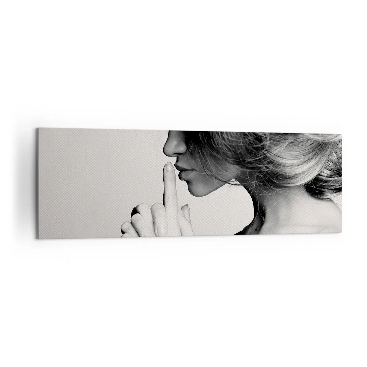 Quadro su tela - Stampe su Tela - Profilo in bianco e nero di una donna che fa un gesto di silenzio - 160x50cm - Ascoltando se stessa - Decorazione murale moderna per soggiorno e camera da letto ARTTOR
