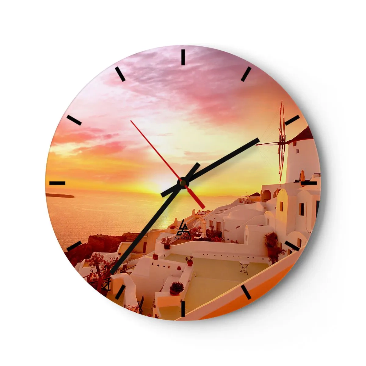 Orologio da parete - Orologio in Vetro - Veduta dell'architettura greca al tramonto - 30x30cm - Sciogliersi nel bianco e nell'oro - Decorazione murale moderna per soggiorno, cucina e camera da letto ARTTOR