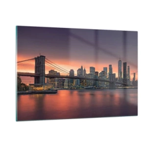 Quadro su vetro - Ponte di Brooklyn al tramonto - 120x80cm - Immersa nel silenzio lilla - Decorazione murale moderna per soggiorno e camera da letto ARTTOR