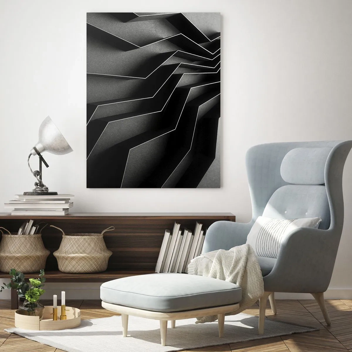 Quadro su vetro - Forme geometriche nere con profondità e chiaroscuro - 50x70cm - Ordine tridimensionale - Decorazione murale moderna per soggiorno e camera da letto ARTTOR