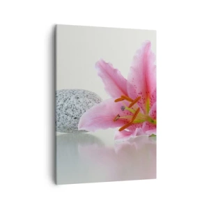 Quadro su tela - Stampe su Tela - Fiore di giglio rosa con pietre su sfondo chiaro - 50x70cm - Studio in rosa, grigio e bianco - Decorazione murale moderna per soggiorno e camera da letto ARTTOR