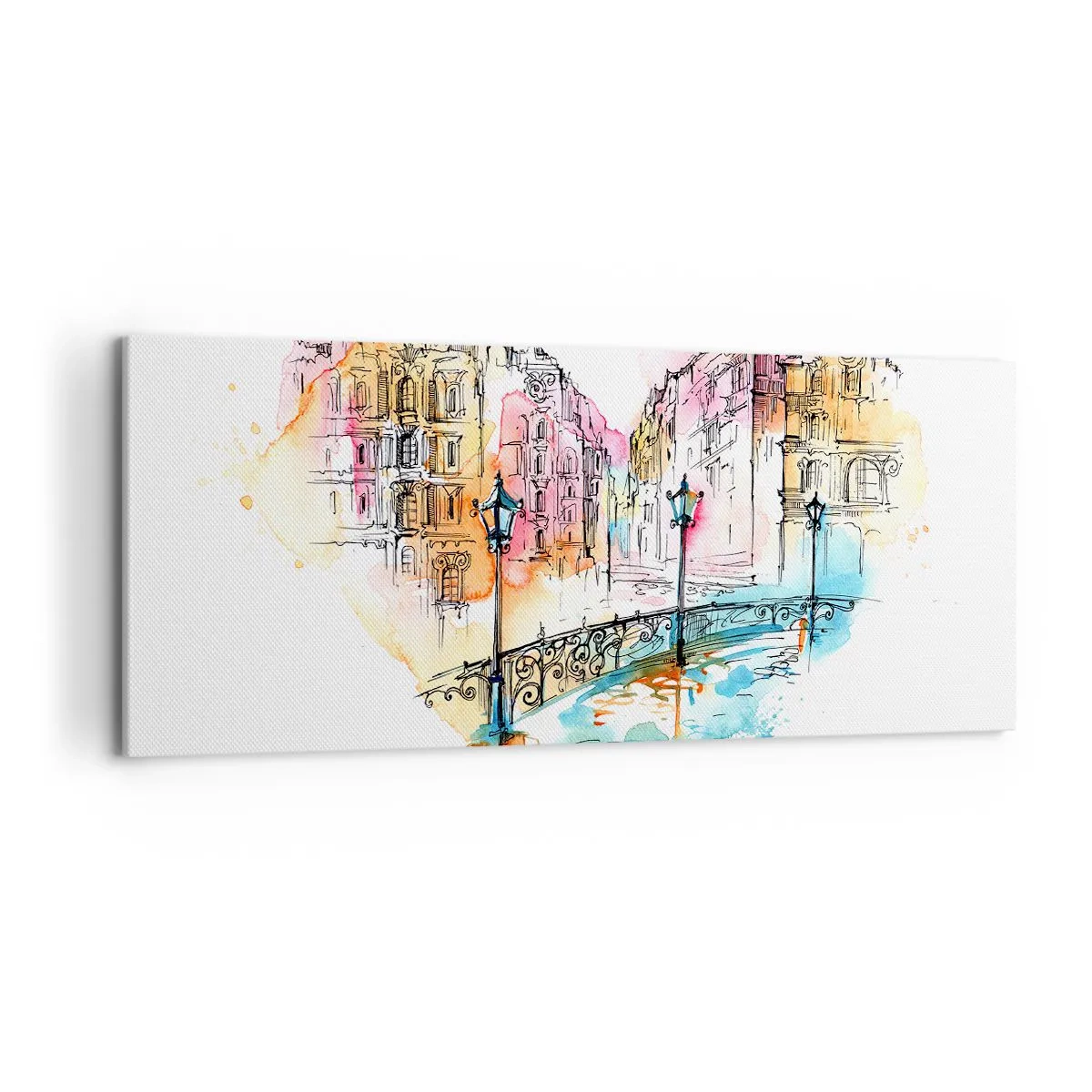 Quadro su tela - Stampe su Tela - Acquerello di un ponte e case popolari a forma di cuore - 120x50cm - Il cuore della città - Decorazione murale moderna per soggiorno e camera da letto ARTTOR
