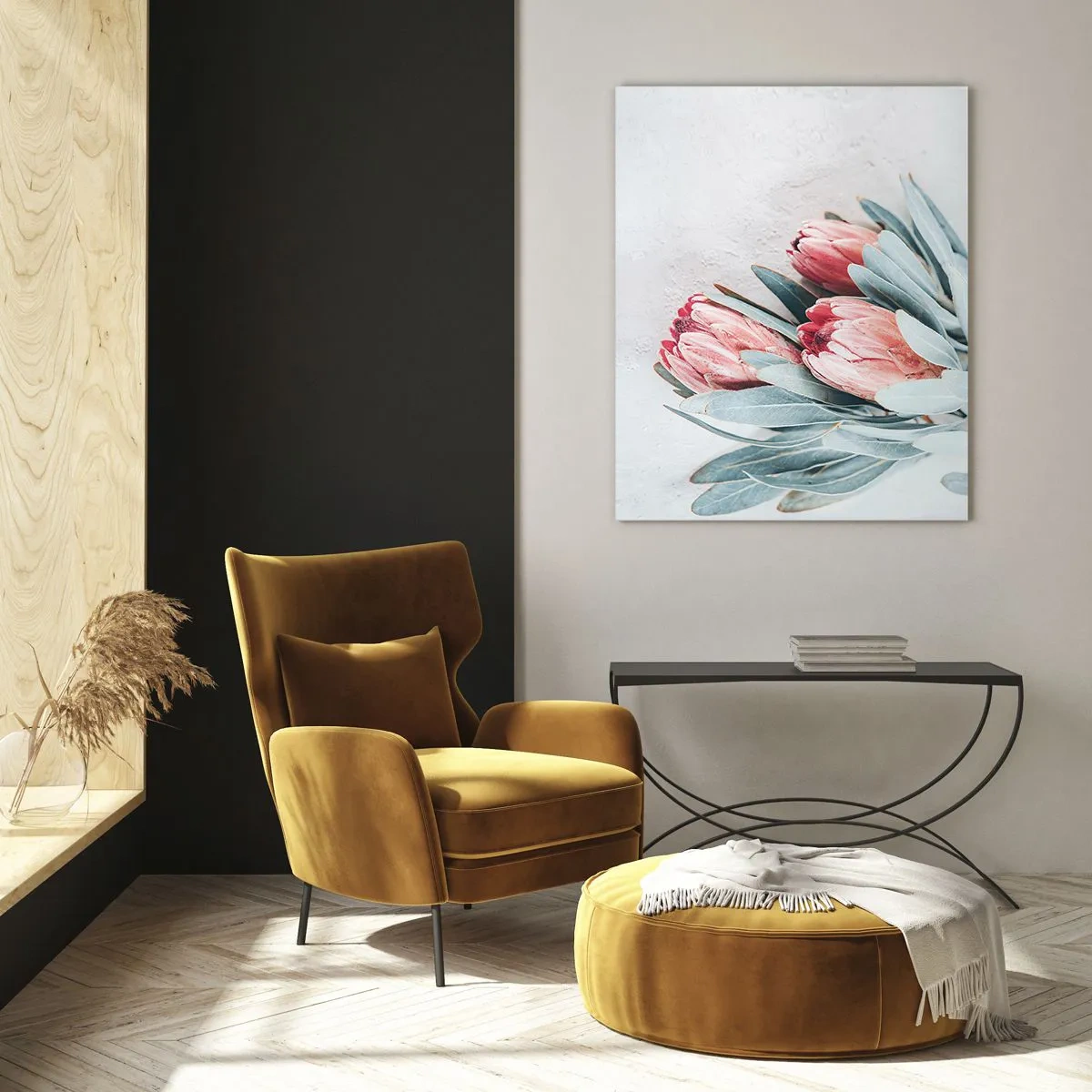 Quadro su vetro - Tre fiori di protea pastello con foglie su uno sfondo chiaro - 50x70cm - Imbarazzati per la propria bellezza - Decorazione murale moderna per soggiorno e camera da letto ARTTOR