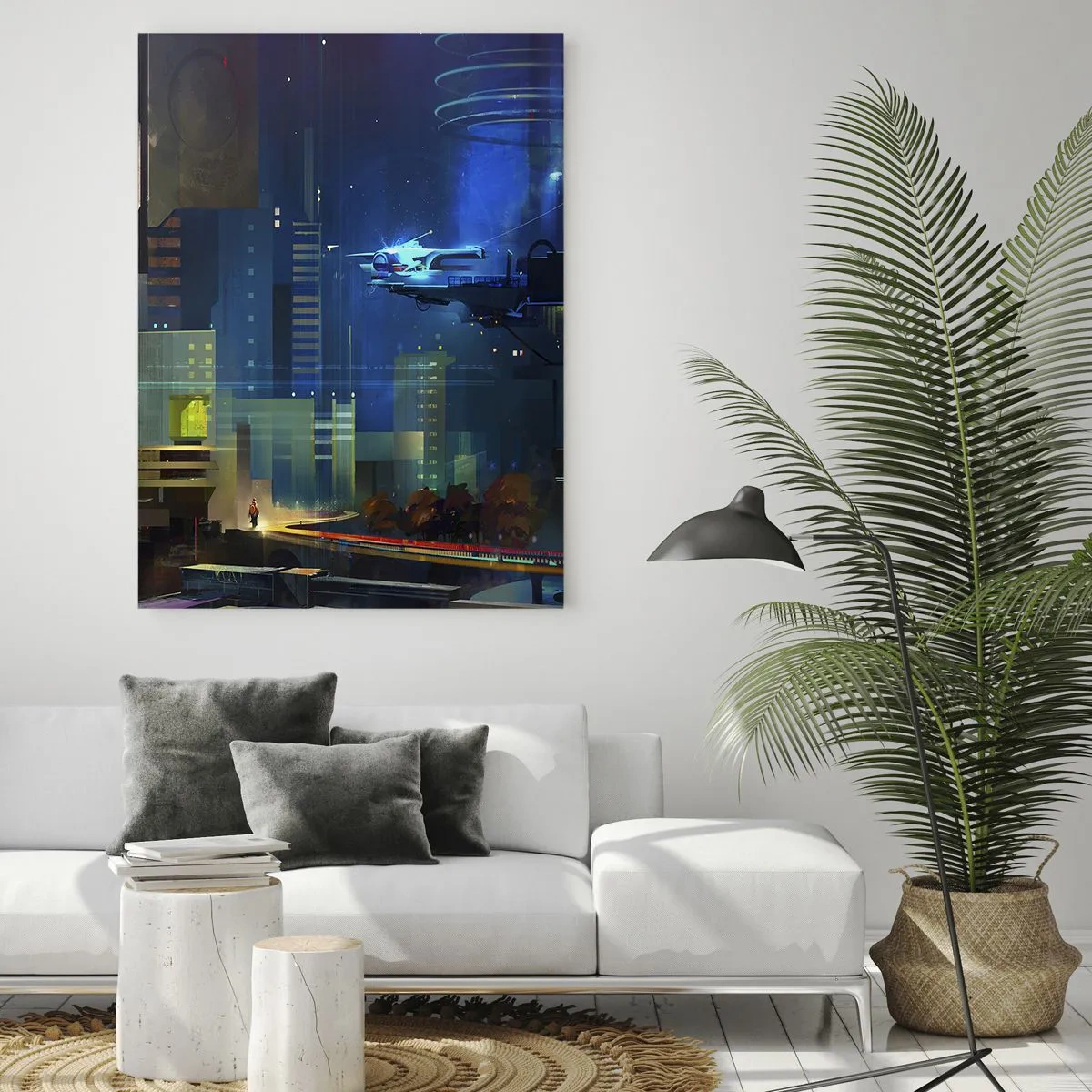 Quadro su vetro - Città futuristica di notte con luci al neon e un veicolo volante - 70x100cm - In un futuro non lontano - Decorazione murale moderna per soggiorno e camera da letto ARTTOR