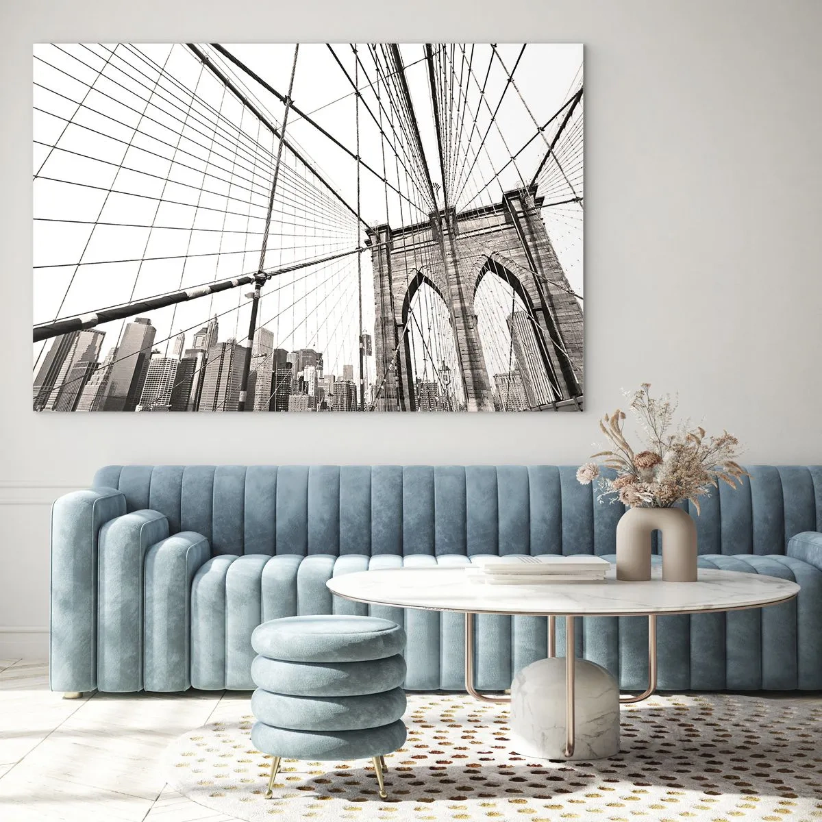 Quadro su vetro - Un ponte sospeso con un panorama cittadino sullo sfondo in seppia - 70x50cm - La cattedrale di New York - Decorazione murale moderna per soggiorno e camera da letto ARTTOR