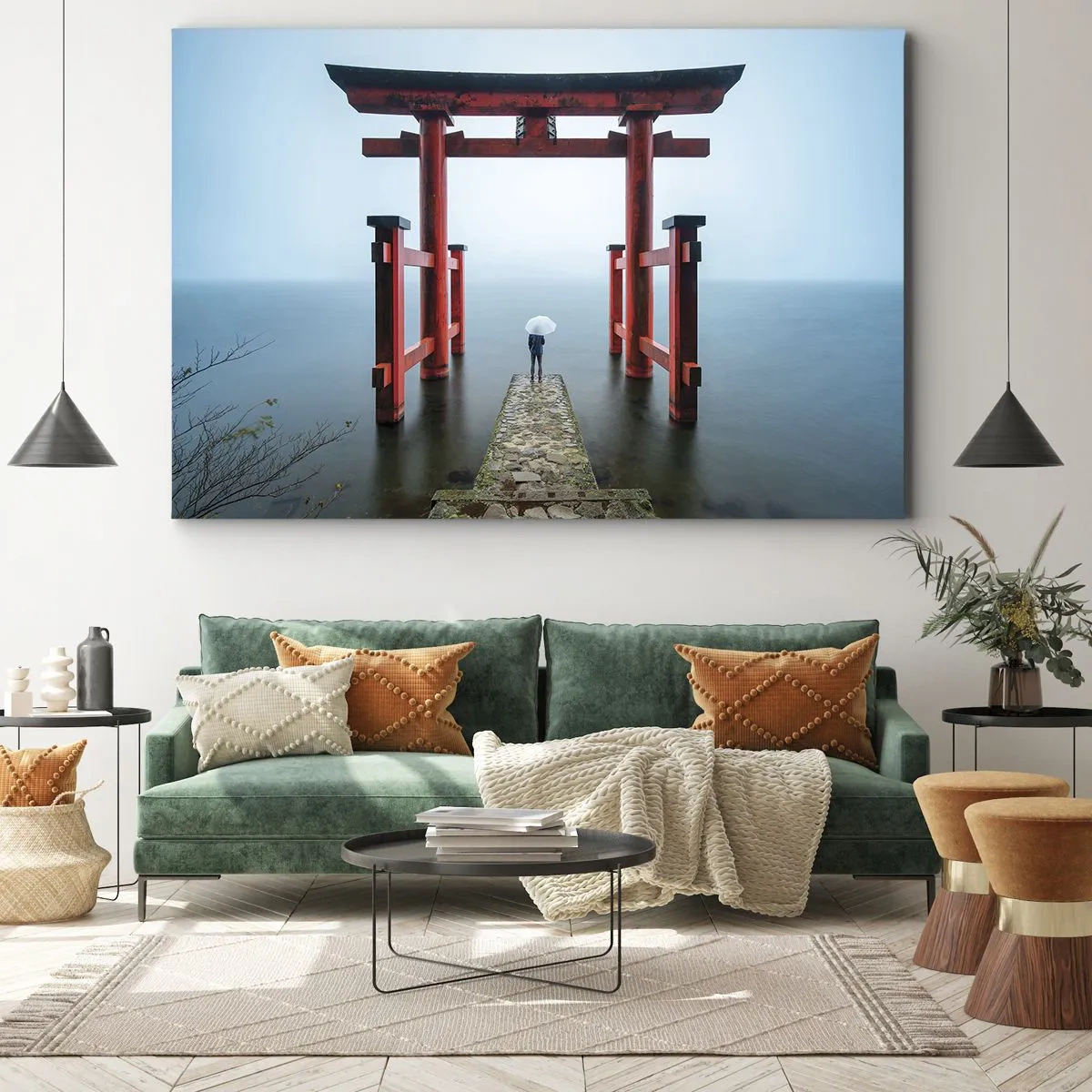 Quadro su tela - Stampe su Tela - Un cancello torii che si affaccia su un tranquillo lago in Giappone - 70x50cm - Meditazione giapponese - Decorazione murale moderna per soggiorno e camera da letto ARTTOR