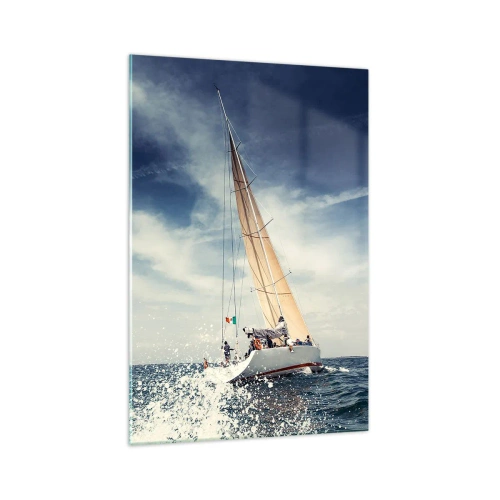 Quadro su vetro - Una barca a vela su un mare in tempesta sotto un cielo azzurro - 70x100cm - Non ci raggiungeranno! - Decorazione murale moderna per soggiorno e camera da letto ARTTOR