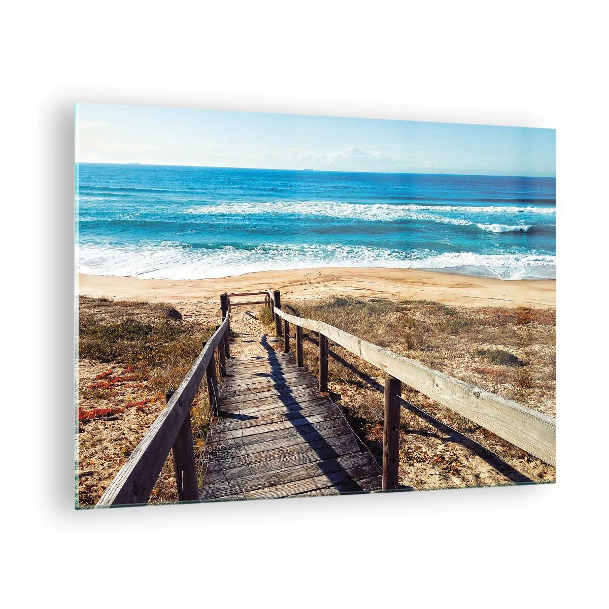 Quadro su vetro - Sentiero in legno che conduce alla spiaggia con vista sull'oceano - 70x50cm - Corri! - Decorazione murale moderna per soggiorno e camera da letto ARTTOR