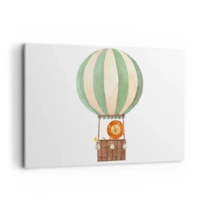 Quadro su tela - Stampe su Tela - Un palloncino con un leone sorridente in un cestino color pastello - 100x70cm - I viaggi del leone - Decorazione murale moderna per soggiorno e camera da letto ARTTOR
