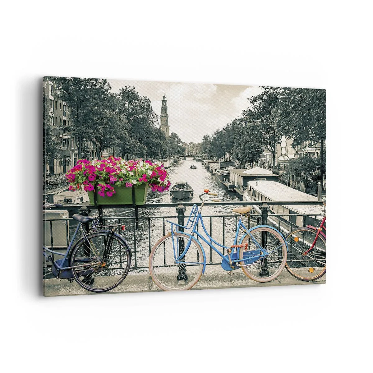 Quadro su tela - Stampe su Tela - Un ponte con biciclette e fiori sopra un canale ad Amsterdam - 100x70cm - I colori delle strade di Amsterdam - Decorazione murale moderna per soggiorno e camera da letto ARTTOR