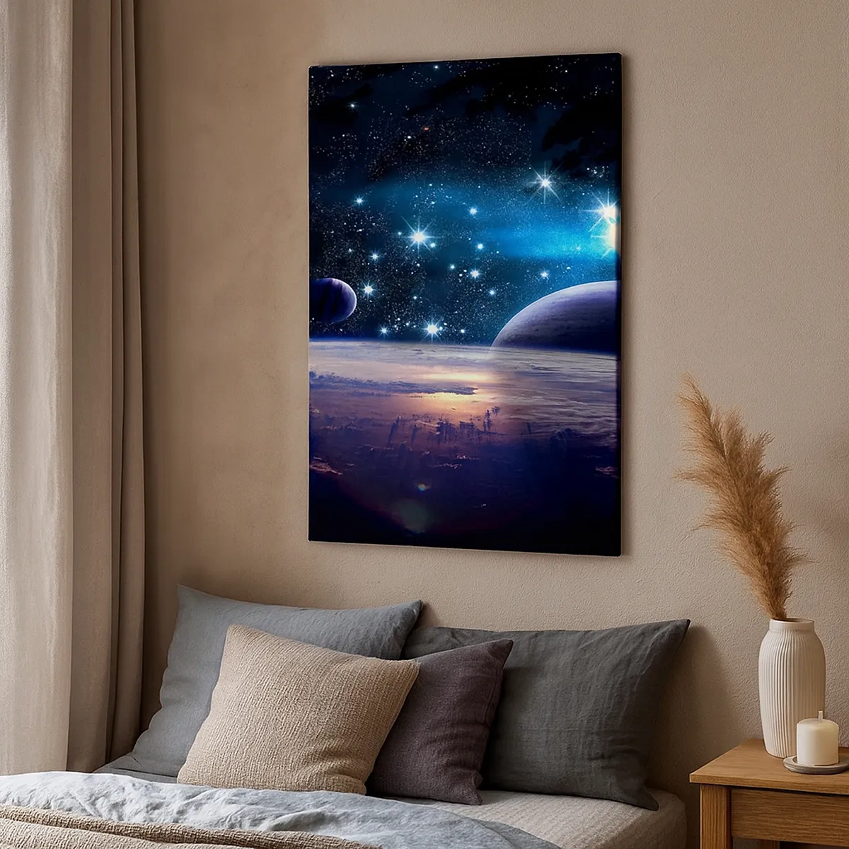 Quadro su tela - Stampe su Tela - Una vista dello spazio con pianeti e stelle - 50x70cm - Sempre da soli? - Decorazione murale moderna per soggiorno e camera da letto ARTTOR