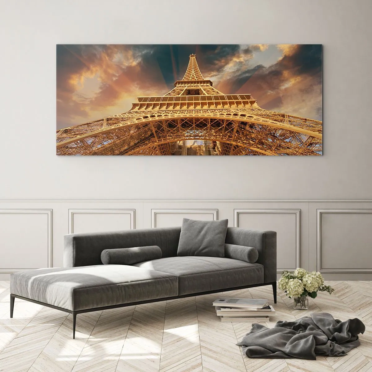 Quadro su vetro - La Torre Eiffel dal basso sullo sfondo del sole al tramonto - 120x50cm - Come gli uomini hanno raggiunto il cielo - Decorazione murale moderna per soggiorno e camera da letto ARTTOR