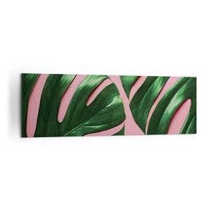 Quadro su tela - Stampe su Tela - Foglie di monstera verdi su sfondo rosa - 160x50cm - Appuntamento in verde - Decorazione murale moderna per soggiorno e camera da letto ARTTOR