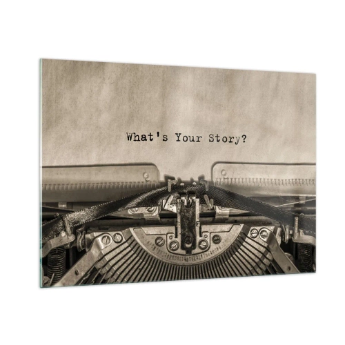 Quadro su vetro - Primo piano di una macchina da scrivere con il testo "Qual è la tua storia?" - 100x70cm - Rispondimi - Decorazione murale moderna per soggiorno e camera da letto ARTTOR