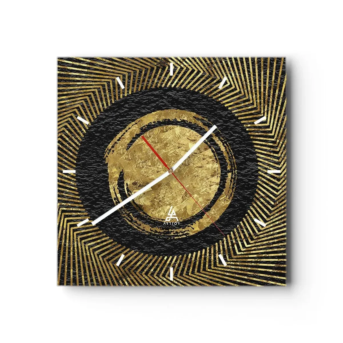 Orologio da parete - Orologio in Vetro - Composizione geometrica in nero e oro con raggi - 30x30cm - Composizione glamour - Decorazione murale moderna per soggiorno e camera da letto ARTTOR