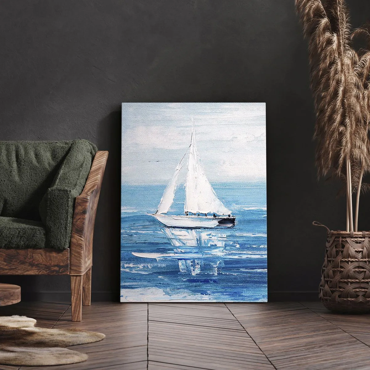 Quadro su tela - Stampe su Tela - Yacht sul mare blu in stile artistico - 50x70cm - Con un amico al fianco - Decorazione murale moderna per soggiorno e camera da letto ARTTOR
