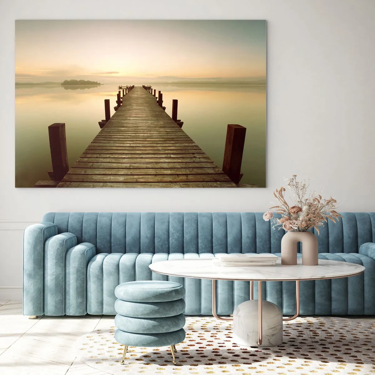 Quadro su vetro - Un molo di legno su un lago calmo all'alba - 120x80cm - Aurora, alba, luce - Decorazione murale moderna per soggiorno e camera da letto ARTTOR