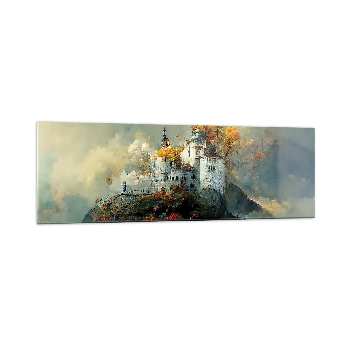 Quadro su vetro - Un castello su una collina circondato da alberi autunnali - 160x50cm - Inizio di una storia romantica - Decorazione murale moderna per soggiorno e camera da letto ARTTOR