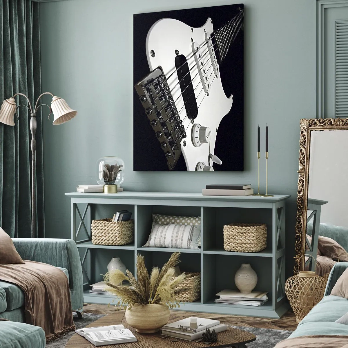 Quadro su tela - Stampe su Tela - Primo piano di una chitarra elettrica bianca su sfondo nero. - 50x70cm - Il suono nascosto nel bianco - Decorazione murale moderna per soggiorno e camera da letto ARTTOR