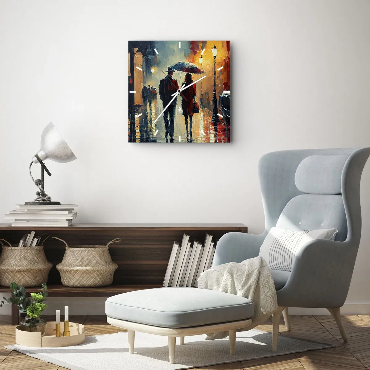 Orologio da parete - Orologio in Vetro - Camminare sotto la pioggia sotto un ombrello in città di notte - 30x30cm - Love story cittadina - Decorazione murale moderna per soggiorno e camera da letto ARTTOR
