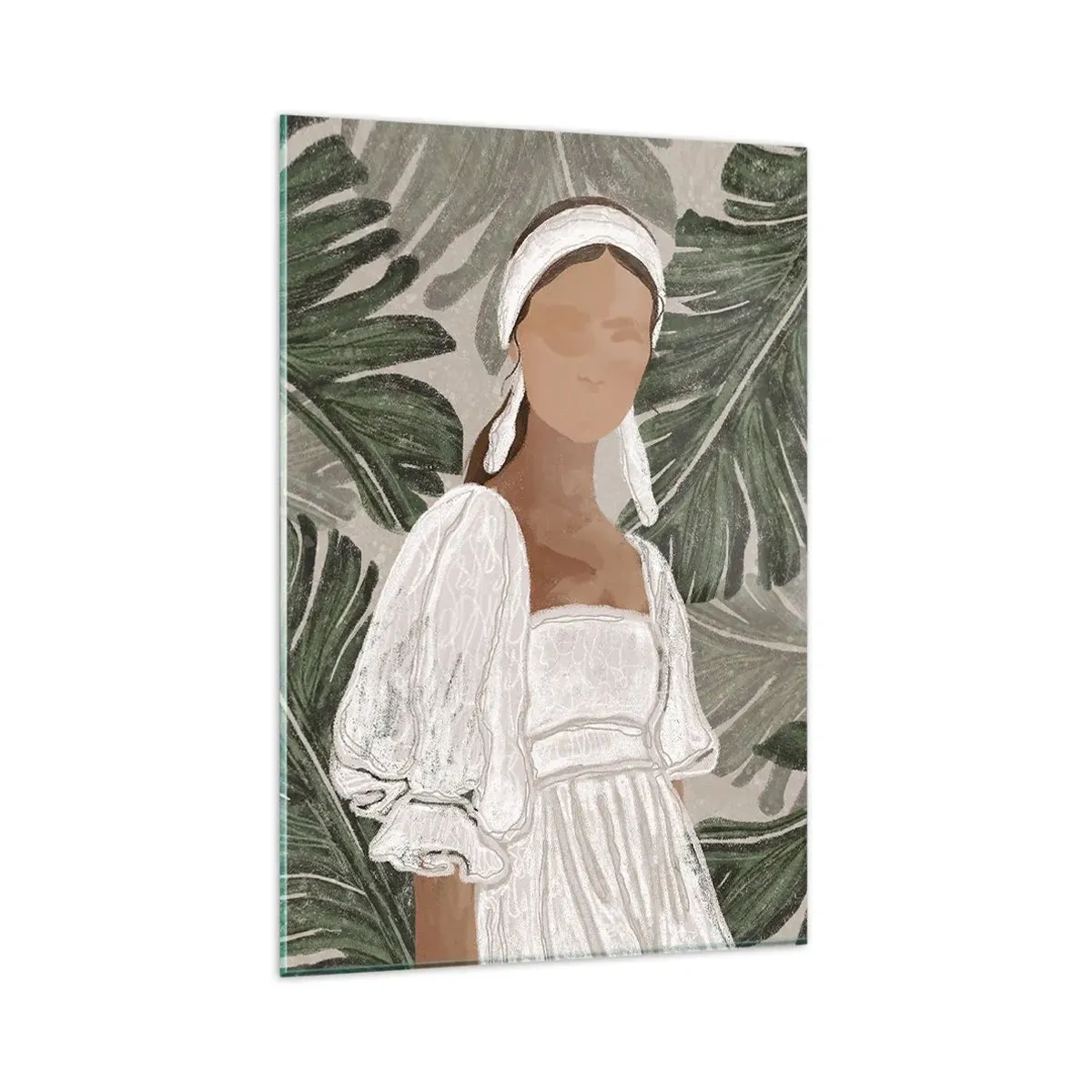 Quadro su vetro - Ritratto di una donna in abito bianco su uno sfondo di foglie di monstera - 80x120cm - Ritratto esotico - Decorazione murale moderna per soggiorno e camera da letto ARTTOR
