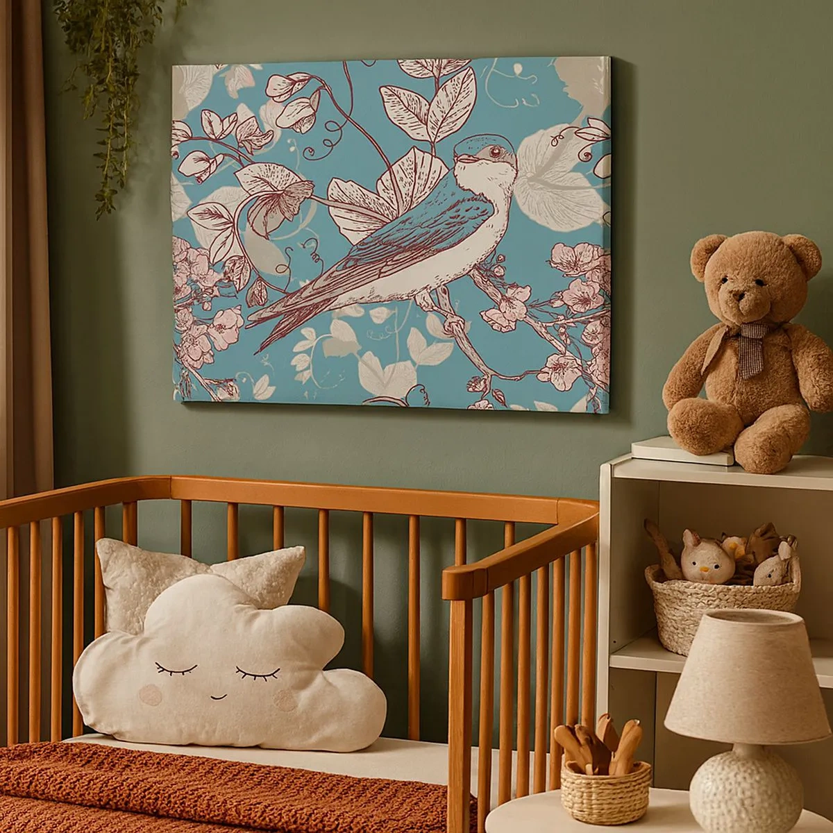 Quadro su tela - Stampe su Tela - Un uccello su un ramo in un delicato stile floreale - 70x50cm - Sul pioppo riflessi e cinguettii - Decorazione murale moderna per soggiorno e camera da letto ARTTOR