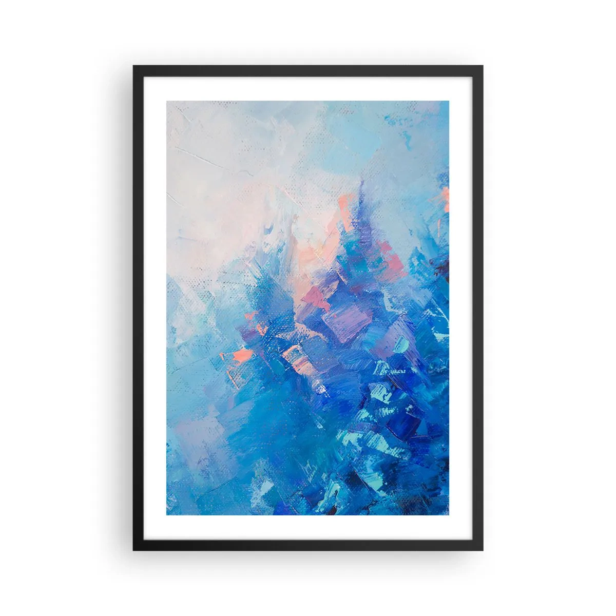 Poster in cornice nera - Una composizione astratta nei toni del blu e del rosa ispirata a un paesaggio invernale. - 50x70cm - Astrazione invernale - Decorazione murale moderna per soggiorno e camera da letto ARTTOR