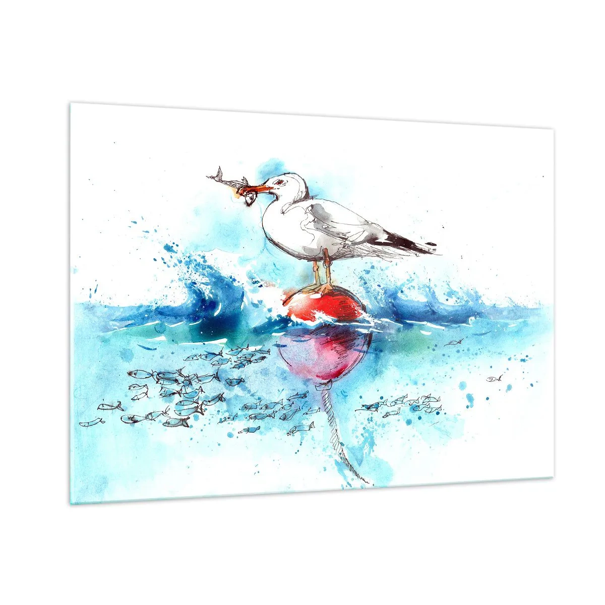 Quadro su vetro - Un gabbiano su una boa con un pesce sullo sfondo delle onde del mare - 100x70cm - Buona pesca - Decorazione murale moderna per soggiorno e camera da letto ARTTOR