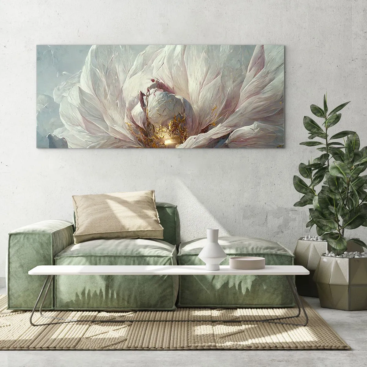 Quadro su vetro - Un delicato fiore bianco con sottili accenti dorati - 140x50cm - Fiorisce ogni cento anni - Decorazione murale moderna per soggiorno e camera da letto ARTTOR