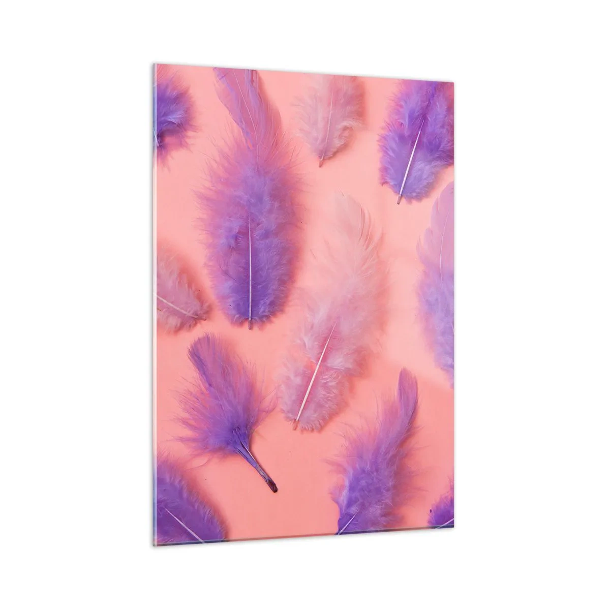 Quadro su vetro - Piume viola su sfondo rosa in una delicata composizione - 50x70cm - L'uccello lilla del desiderio - Decorazione murale moderna per soggiorno e camera da letto ARTTOR