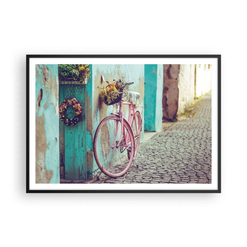 Poster in cornice nera - Una bicicletta rosa vicino a una porta turchese - 100x70cm - Torno subito - Decorazione murale moderna per soggiorno e camera da letto ARTTOR