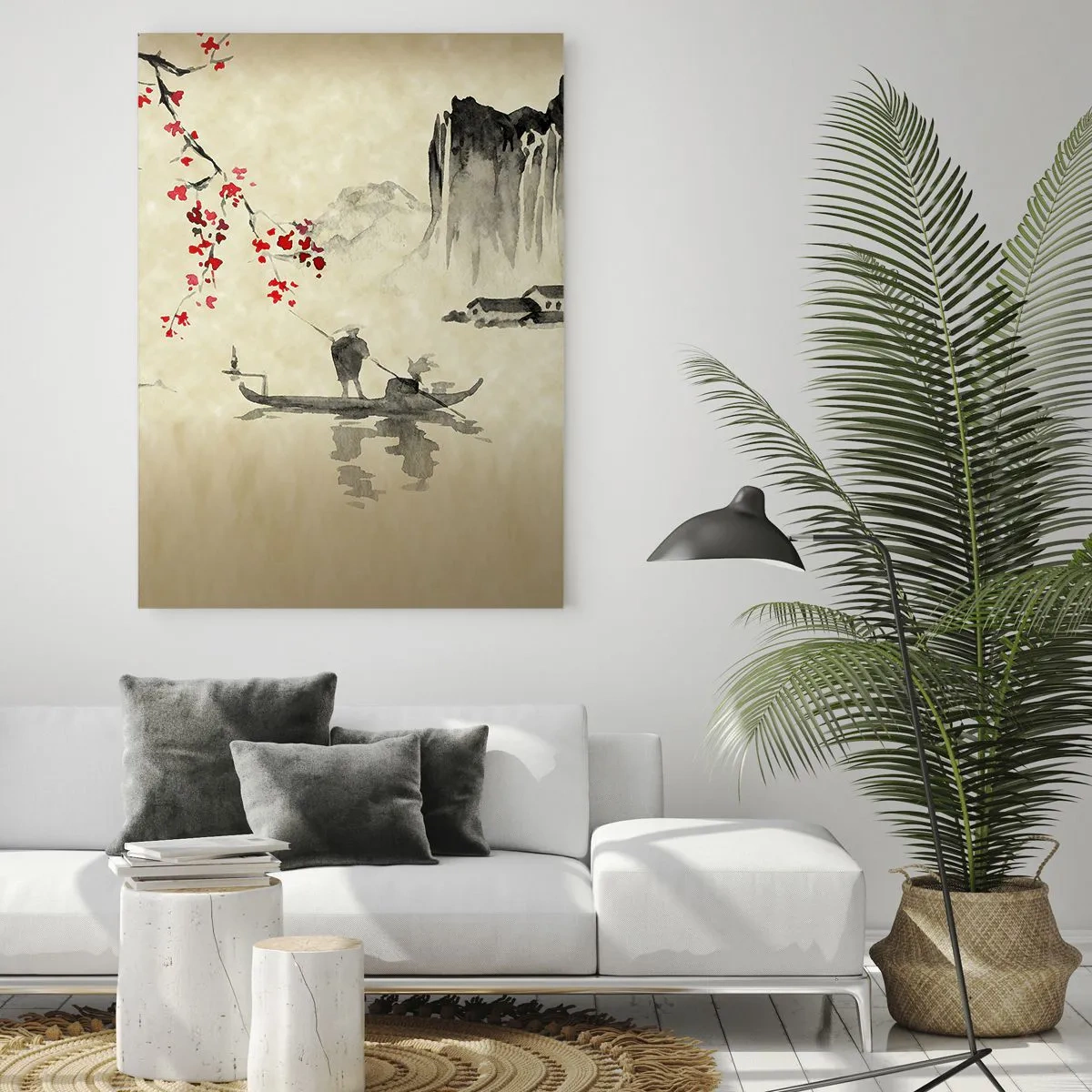 Quadro su vetro - Illustrazione orientale con una barca e un ramo fiorito - 70x100cm - Nel paese dei ciliegi in fiore - Decorazione murale moderna per soggiorno e camera da letto ARTTOR