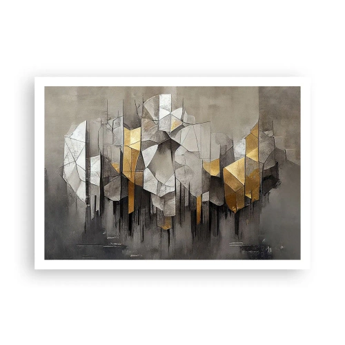 Poster - Astrazione geometrica nei toni dell'oro e del grigio - 100x70cm - Composizione di ghiaccio e luce - Decorazione murale moderna per soggiorno e camera da letto ARTTOR
