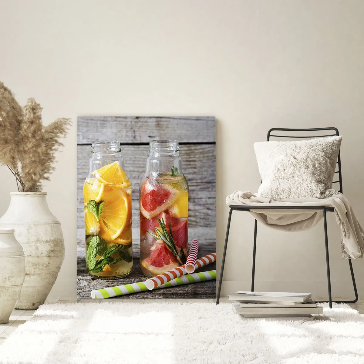 Quadro su vetro - Bottiglie di acqua alla frutta ed erbe aromatiche su uno sfondo di legno - 70x100cm - Sani di natura - Decorazione murale moderna per soggiorno e camera da letto ARTTOR