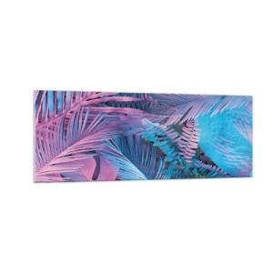 Quadro su vetro - Foglie tropicali nelle tonalità del rosa e del blu - 140x50cm - Tropici in rosa e blu - Decorazione murale moderna per soggiorno e camera da letto ARTTOR