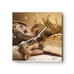 Orologio da parete - Orologio in Vetro - Paesaggio con pane, farina e spighe di grano in stile rustico. - 30x30cm - Tagliato dal coltello - Decorazione murale moderna per soggiorno e camera da letto ARTTOR